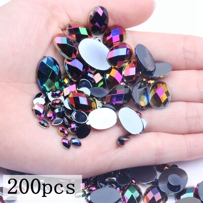 Akrilni kamenčići Ovalne zemljane strane 10x14 mm 30/200 kom Mnogo AB boja Ravno ljepilo na perlama DIY Ukrasi za izradu nakita