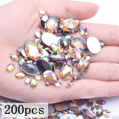 Akrilni kamenčići Ovalne zemljane strane 10x14 mm 30/200 kom Mnogo AB boja Ravno ljepilo na perlama DIY Ukrasi za izradu nakita