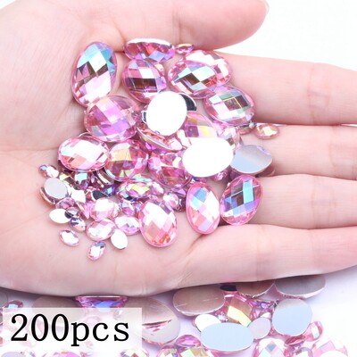 Akrilni kamenčići Ovalne zemljane strane 10x14 mm 30/200 kom Mnogo AB boja Ravno ljepilo na perlama DIY Ukrasi za izradu nakita