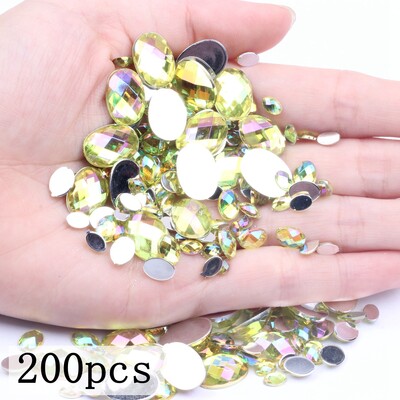 Akrilni kamenčići Ovalne zemljane strane 10x14 mm 30/200 kom Mnogo AB boja Ravno ljepilo na perlama DIY Ukrasi za izradu nakita