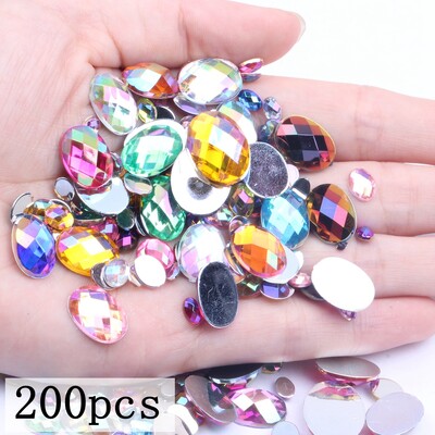 Akrilni kamenčići Ovalne zemljane strane 10x14 mm 30/200 kom Mnogo AB boja Ravno ljepilo na perlama DIY Ukrasi za izradu nakita
