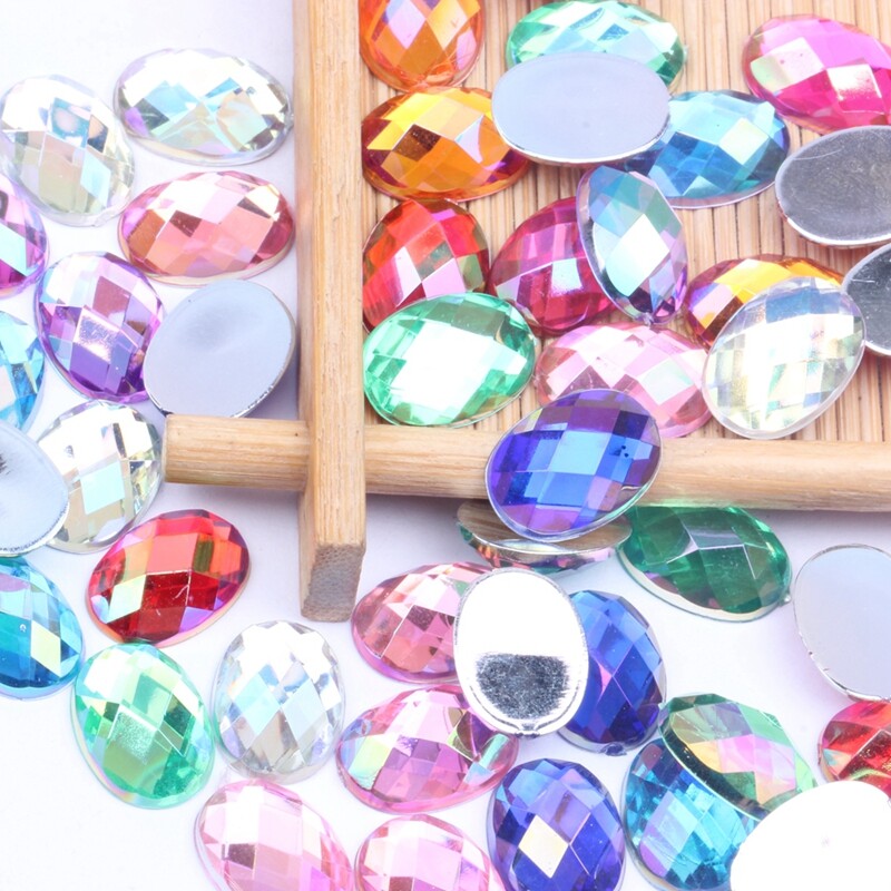 Akrilni kamenčići Ovalne zemljane strane 10x14 mm 30/200 kom Mnogo AB boja Ravno ljepilo na perlama DIY Ukrasi za izradu nakita