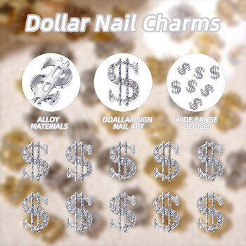 Γούρια νυχιών 30 τμχ Golden Silvery Dollar με στρας, αξεσουάρ Alloy Money Nail Art για διακόσμηση νυχιών