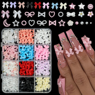 12 rešetki/kutija Ukrasi za nokte s mašnama od miješane smole 3D akrilne privjeske Kawaii šarene mašne sa kamenčićima DIY dijelovi alata za manikuru