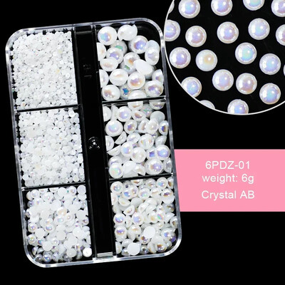 6 rešetki AB bijeli biserni ukrasi za nokte Flatback Roundback perle Ružičasti 3D nakit za nokte Rhinestones DIY manikura Neophodno