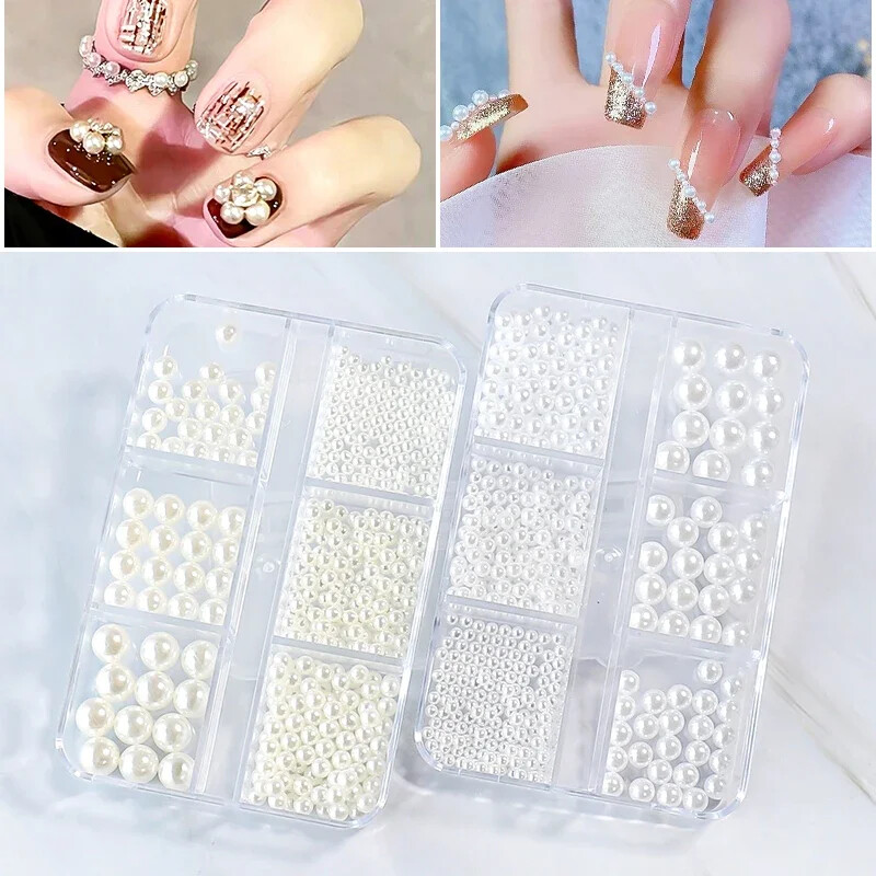 6 rešetki AB bijeli biserni ukrasi za nokte Flatback Roundback perle Ružičasti 3D nakit za nokte Rhinestones DIY manikura Neophodno