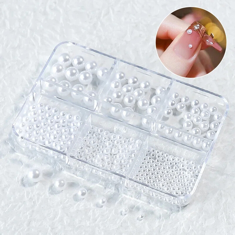 6 rešetki AB bijeli biserni ukrasi za nokte Flatback Roundback perle Ružičasti 3D nakit za nokte Rhinestones DIY manikura Neophodno