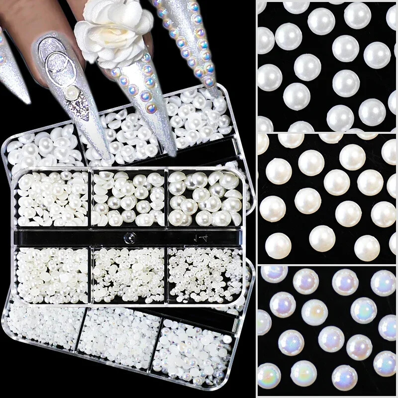 6 rešetki AB bijeli biserni ukrasi za nokte Flatback Roundback perle Ružičasti 3D nakit za nokte Rhinestones DIY manikura Neophodno