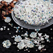 1 kastīte ar dzidru sveķu rozi, Rhinestone nagu mākslas piekariņi, jaukti ziedi, dārgakmeņu krelles, nagu dekorēšanas piederumi