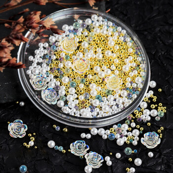 1 κουτί Clear Resin Rose Rhinestone Nail Art Charms Mixed Flower Gemstone Beads Αξεσουάρ διακόσμησης νυχιών