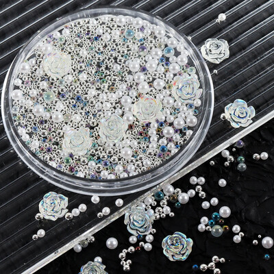 1 kastīte ar dzidru sveķu rozi, Rhinestone nagu mākslas piekariņi, jaukti ziedi, dārgakmeņu krelles, nagu dekorēšanas piederumi