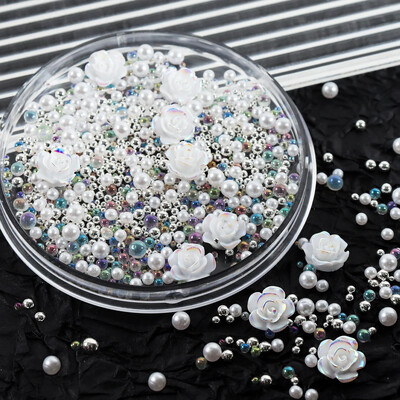 1 kastīte ar dzidru sveķu rozi, Rhinestone nagu mākslas piekariņi, jaukti ziedi, dārgakmeņu krelles, nagu dekorēšanas piederumi