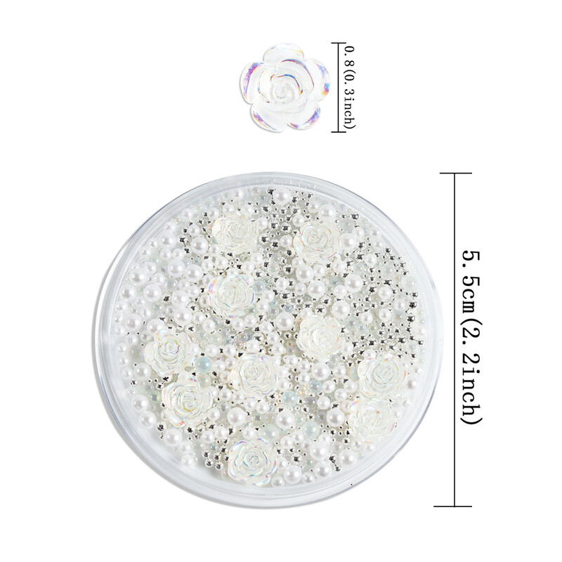 1 kastīte ar dzidru sveķu rozi, Rhinestone nagu mākslas piekariņi, jaukti ziedi, dārgakmeņu krelles, nagu dekorēšanas piederumi