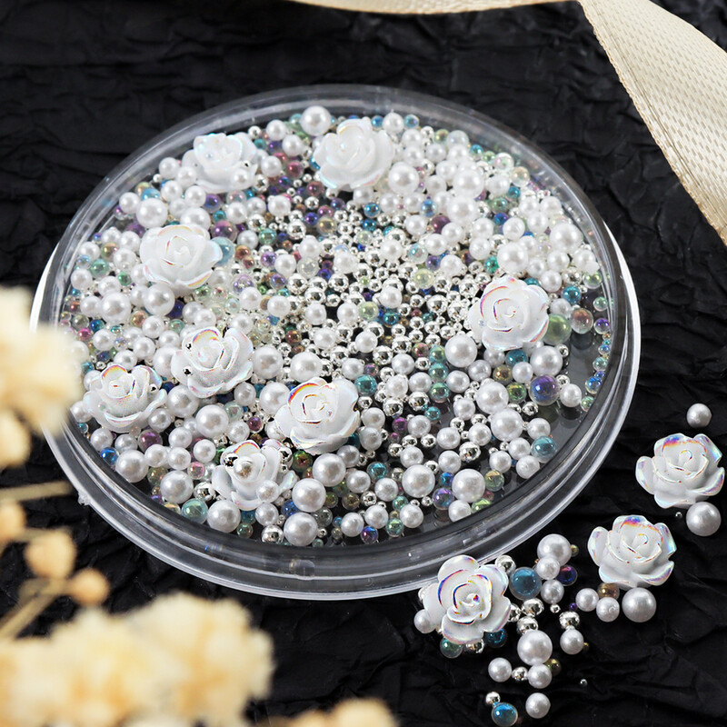 1 kastīte ar dzidru sveķu rozi, Rhinestone nagu mākslas piekariņi, jaukti ziedi, dārgakmeņu krelles, nagu dekorēšanas piederumi