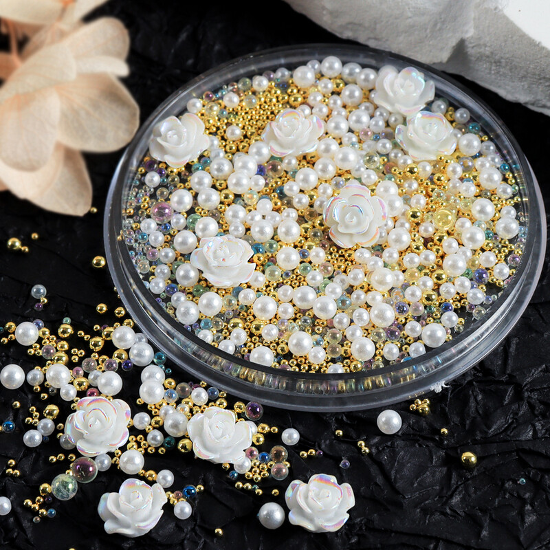 1 kastīte ar dzidru sveķu rozi, Rhinestone nagu mākslas piekariņi, jaukti ziedi, dārgakmeņu krelles, nagu dekorēšanas piederumi