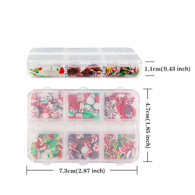 1 κουτί 3D Χριστουγεννιάτικα εξαρτήματα γούρι για χριστουγεννιάτικη τέχνη νυχιών Πολυμερές μαλακό πηλό φέτες νιφάδες νύχια εξαρτήματα διακόσμησης για χειμερινά σχέδια μανικιούρ