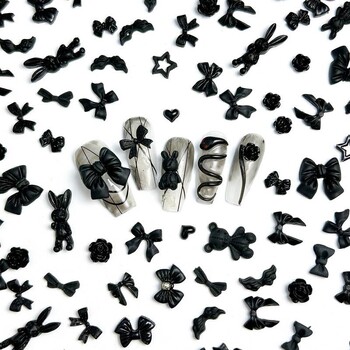 50 τμχ Random Mixed Black Bows Bear Nail Charms Ρητίνη Mini Heart Star Flower Nail Art Decorations Handmade DIY Press on Nails