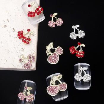 10 τεμ/παρτίδα 3D κράμα Cherry Nail Charms Πολυτελή μέρη νυχιών Πολύτιμοι λίθοι Κρυστάλλινα στρας Ροζ/Κόκκινα/Ασημί Πέτρινα Διακοσμητικά νυχιών