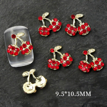 10 τεμ/παρτίδα 3D κράμα Cherry Nail Charms Πολυτελή μέρη νυχιών Πολύτιμοι λίθοι Κρυστάλλινα στρας Ροζ/Κόκκινα/Ασημί Πέτρινα Διακοσμητικά νυχιών