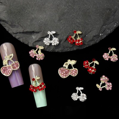 10 τεμ/παρτίδα 3D κράμα Cherry Nail Charms Πολυτελή μέρη νυχιών Πολύτιμοι λίθοι Κρυστάλλινα στρας Ροζ/Κόκκινα/Ασημί Πέτρινα Διακοσμητικά νυχιών