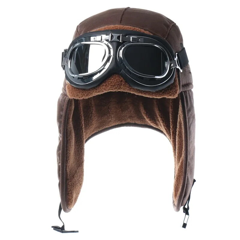 Muška zimska bomber kapa sa zaštitnim naočalama za vanjske motocikle, otporna na vjetar, topla pilotska kapa s naušnicama od umjetnog krzna, kožna termo ushanka