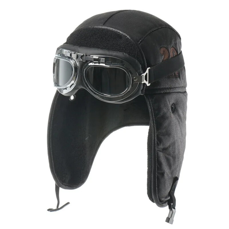 Muška zimska bomber kapa sa zaštitnim naočalama za vanjske motocikle, otporna na vjetar, topla pilotska kapa s naušnicama od umjetnog krzna, kožna termo ushanka