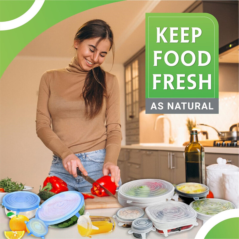 6 bucăți capac de conservare din silicon de calitate alimentară, reutilizabil, etanș pentru alimente, vase universale, capace rotunde extensibile pentru accesorii de bucătărie