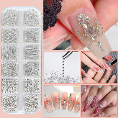 12 grile/cutie Dimensiuni mixte Mini margele caviar 3D din oțel inoxidabil pentru brelocuri pentru arta unghiilor Bijuterii pentru unghii cu microbile argintiu DIY cu stilou magnetic