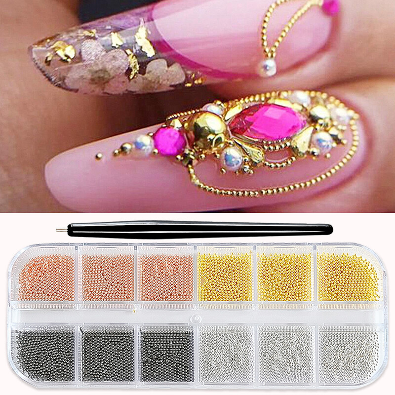 12 rešetki/kutija Mješavina veličine Mini 3D perle od kavijara od nehrđajućeg čelika za nail art privjeske DIY srebrne mikro kuglice nakit za nokte s magnetnom olovkom