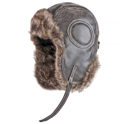 HT4241 καπέλο Bomber Νέο χοντρό ζεστό ανδρικό γυναικείο καπέλο από ρωσικό γούνινο καπέλο αρσενικό αντιανεμικό PU δερμάτινο παγιδευτή σκι Καπέλο αυτιού Καπέλο χειμώνα Ushanka