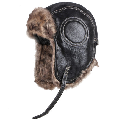 HT4241 καπέλο Bomber Νέο χοντρό ζεστό ανδρικό γυναικείο καπέλο από ρωσικό γούνινο καπέλο αρσενικό αντιανεμικό PU δερμάτινο παγιδευτή σκι Καπέλο αυτιού Καπέλο χειμώνα Ushanka