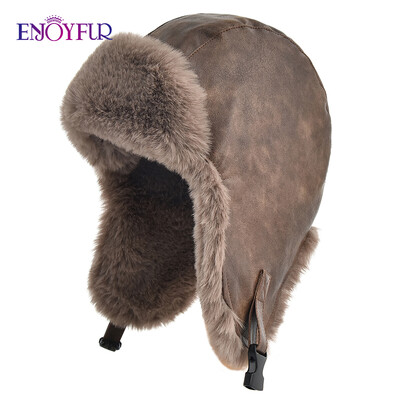 ENJOYFUR Női Férfi Téli Műszőrme Trapper sapka Meleg szőrös Orosz Ushanka Kalapok Műszőrme Repülős kalap