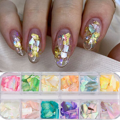 1 κιβώτιο Natural Abalone Sea Shell Flakes Παγιέτες νυχιών 3D ακανόνιστη μαρμάρινη υφή πολύτιμων λίθων νυχιών Θραύσματα πολύχρωμα DIY γοητεία νυχιών