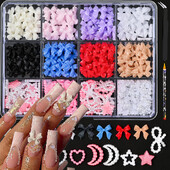 12 grid/box Mixed Bow Ribbon Nail Art Resin Charms με πέντε πέταλα λουλούδι με κούφια μαργαριτάρι Σετ κοσμήματα DIY αξεσουάρ νυχιών *##