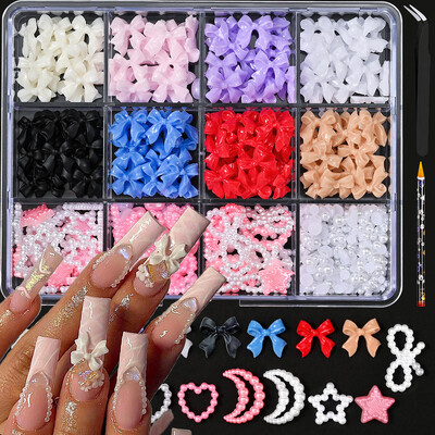 12 grid/box Mixed Bow Ribbon Nail Art Resin Charms με πέντε πέταλα λουλούδι με κούφια μαργαριτάρι Σετ κοσμήματα DIY αξεσουάρ νυχιών *##