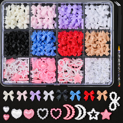 12 grid/box Mixed Bow Ribbon Nail Art Resin Charms με πέντε πέταλα λουλούδι με κούφια μαργαριτάρι Σετ κοσμήματα DIY αξεσουάρ νυχιών *##