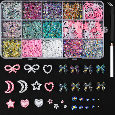 12 grid/box Mixed Bow Ribbon Nail Art Resin Charms με πέντε πέταλα λουλούδι με κούφια μαργαριτάρι Σετ κοσμήματα DIY αξεσουάρ νυχιών *##