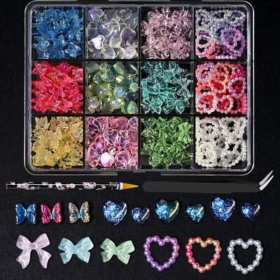 12 grid/box Mixed Bow Ribbon Nail Art Resin Charms με πέντε πέταλα λουλούδι με κούφια μαργαριτάρι Σετ κοσμήματα DIY αξεσουάρ νυχιών *##
