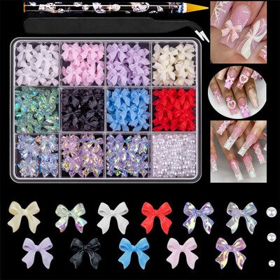12 grid/box Mixed Bow Ribbon Nail Art Resin Charms με πέντε πέταλα λουλούδι με κούφια μαργαριτάρι Σετ κοσμήματα DIY αξεσουάρ νυχιών *##