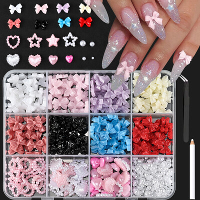 12 grid/box Mixed Bow Ribbon Nail Art Resin Charms με πέντε πέταλα λουλούδι με κούφια μαργαριτάρι Σετ κοσμήματα DIY αξεσουάρ νυχιών *##