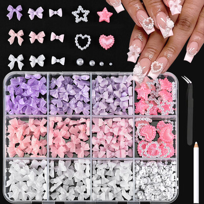 12 grid/box Mixed Bow Ribbon Nail Art Resin Charms με πέντε πέταλα λουλούδι με κούφια μαργαριτάρι Σετ κοσμήματα DIY αξεσουάρ νυχιών *##