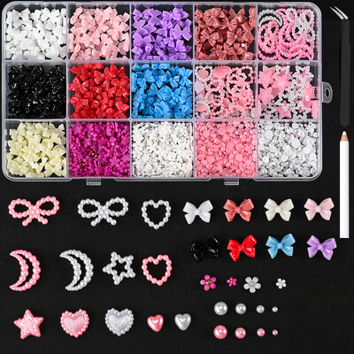12 grid/box Mixed Bow Ribbon Nail Art Resin Charms με πέντε πέταλα λουλούδι με κούφια μαργαριτάρι Σετ κοσμήματα DIY αξεσουάρ νυχιών *##