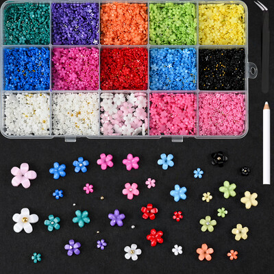 12 grid/box Mixed Bow Ribbon Nail Art Resin Charms με πέντε πέταλα λουλούδι με κούφια μαργαριτάρι Σετ κοσμήματα DIY αξεσουάρ νυχιών *##