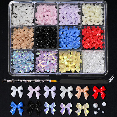 12 grid/box Mixed Bow Ribbon Nail Art Resin Charms με πέντε πέταλα λουλούδι με κούφια μαργαριτάρι Σετ κοσμήματα DIY αξεσουάρ νυχιών *##