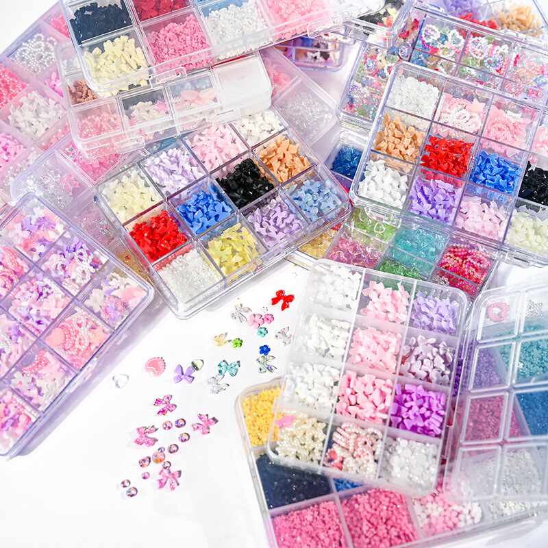 12 grid/box Mixed Bow Ribbon Nail Art Resin Charms με πέντε πέταλα λουλούδι με κούφια μαργαριτάρι Σετ κοσμήματα DIY αξεσουάρ νυχιών *##