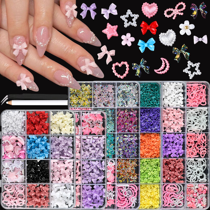 12 grid/box Mixed Bow Ribbon Nail Art Resin Charms με πέντε πέταλα λουλούδι με κούφια μαργαριτάρι Σετ κοσμήματα DIY αξεσουάρ νυχιών *##