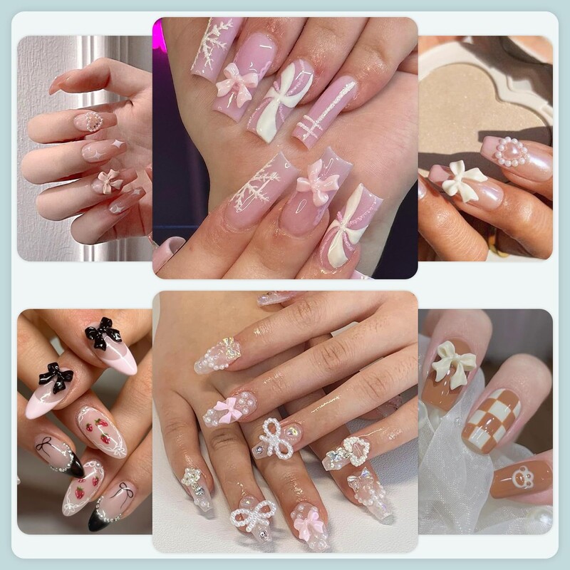 12 grid/box Mixed Bow Ribbon Nail Art Resin Charms με πέντε πέταλα λουλούδι με κούφια μαργαριτάρι Σετ κοσμήματα DIY αξεσουάρ νυχιών *##