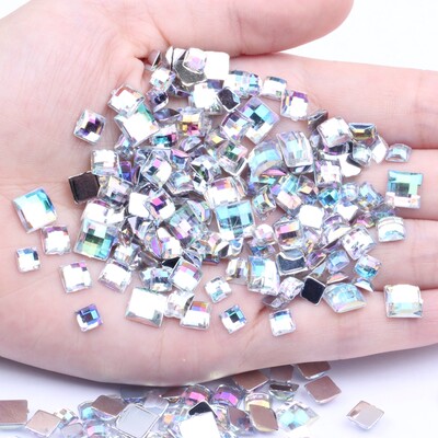 Ακρυλικά στρας Τετράγωνο σχήμα 30τμχ 12mm Επίπεδη γήινη όψη Πολλά χρώματα Επίπεδη κόλλα πλάτης σε χάντρες DIY Διακόσμηση Νυχιών