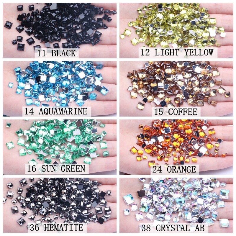 Ακρυλικά στρας Τετράγωνο σχήμα 30τμχ 12mm Επίπεδη γήινη όψη Πολλά χρώματα Επίπεδη κόλλα πλάτης σε χάντρες DIY Διακόσμηση Νυχιών