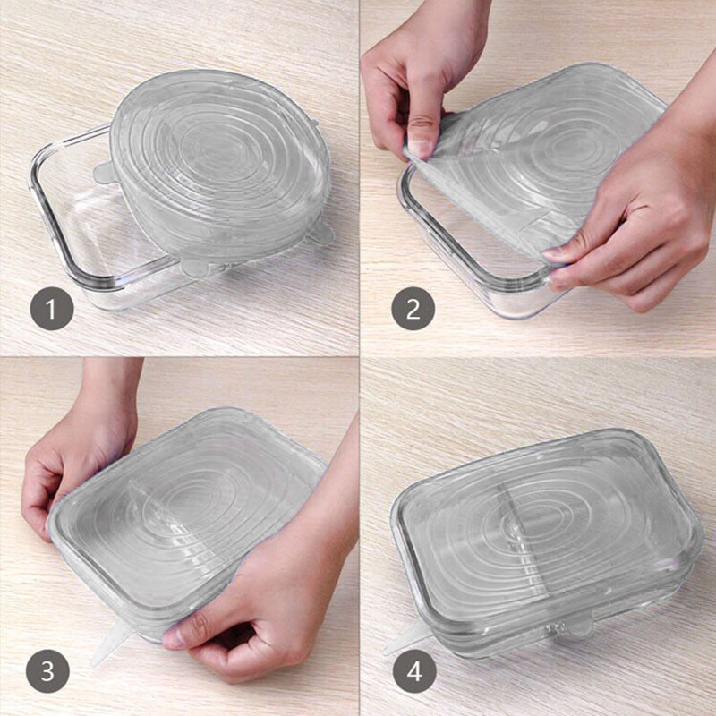 6-dijelni silikonski poklopac koji održava svježinu, kuhinjski brtveni elastični poklopac za višekratnu upotrebu, prozirni četvrtasti brtveni poklopac